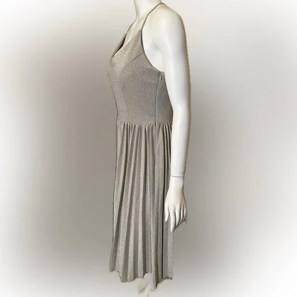 Anthropologie Elevenses Lunar Pleated Midi Dress Gold Sparkle Metallic Size 6 - Picture 3 of 13